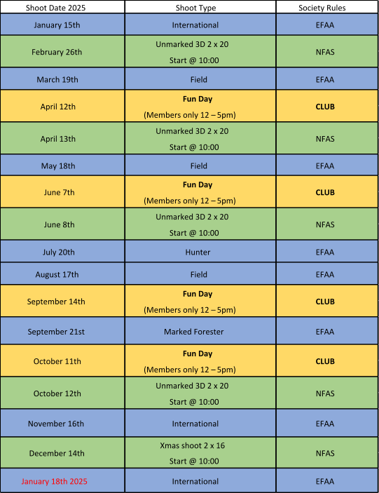 Shoot Date 2025 Shoot Type Society Rules January 15th International EFAA Unmarked 3D 2 x 20  Start @ 10:00 March 19th Field EFAA Fun Day   (Members only 12 – 5pm) Unmarked 3D 2 x 20  Start @ 10:00 May 18th Field EFAA Fun Day   (Members only 12 – 5pm) Unmarked 3D 2 x 20  Start @ 10:00 July 20th Hunter EFAA August 17th Field EFAA Fun Day   (Members only 12 – 5pm) September 21st Marked Forester EFAA Fun Day   (Members only 12 – 5pm) Unmarked 3D 2 x 20  Start @ 10:00 November 16th International EFAA Xmas shoot 2 x 16 Start @ 10:00 January 18th 2025 International EFAA December 14th NFAS June 8th NFAS September 14th CLUB October 12th NFAS October 11th CLUB April 13th June 7th CLUB February 26th NFAS April 12th CLUB NFAS